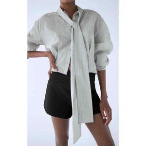 ZARA WOMEN NWT HIGH TIED COLLAR Top Cropped SHIRTS BLOUSE PLEATS GRAY L